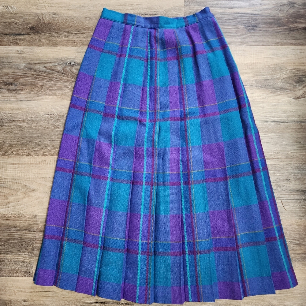 VTG 1987 TJ Thermo Jac Pure Wool Pleated Midi Skirt Teal/Purple Plaid Waist 30"
